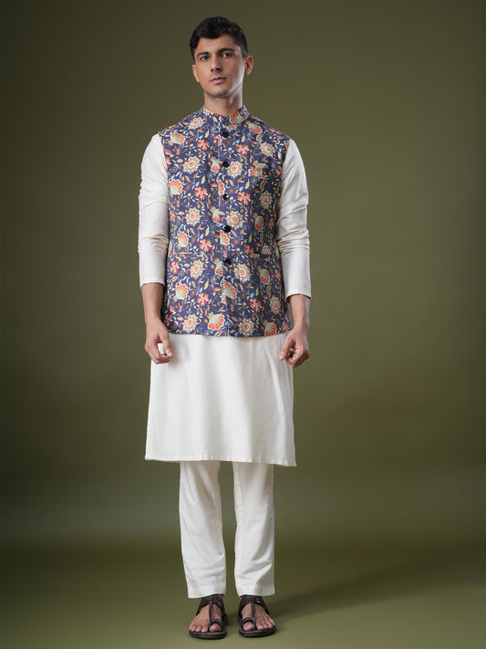 Vanish Dark Blue Printed Chanderi Bundi Set