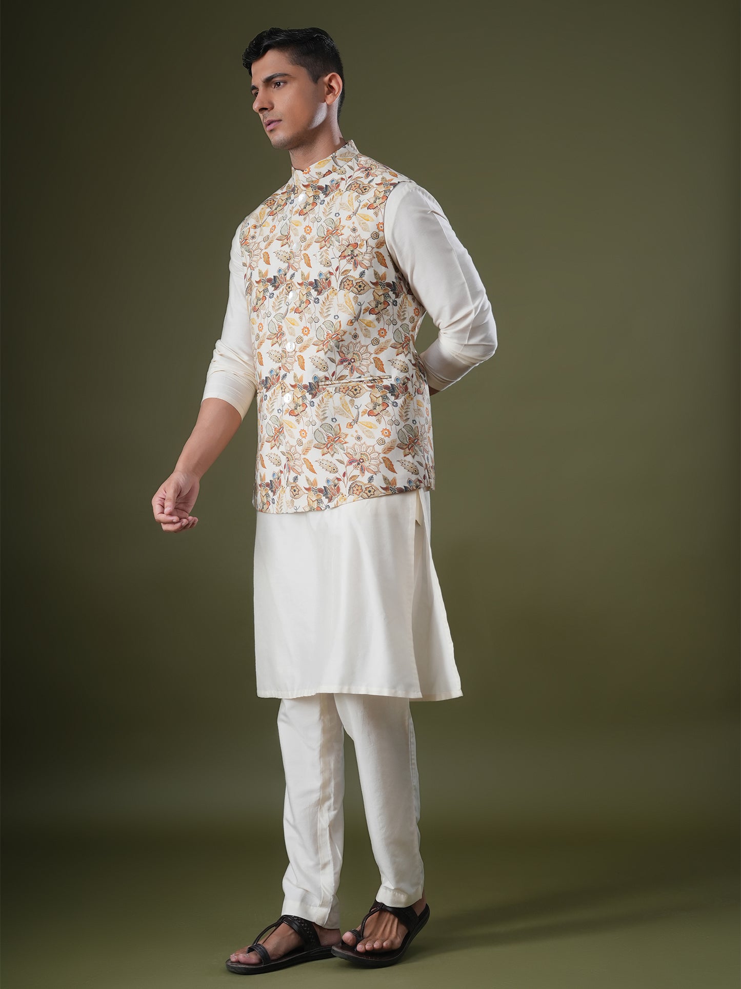 Tirtha Beige Printed Chanderi Bundi