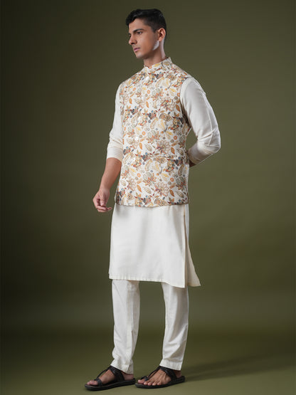 Tirtha Beige Printed Chanderi Bundi Set