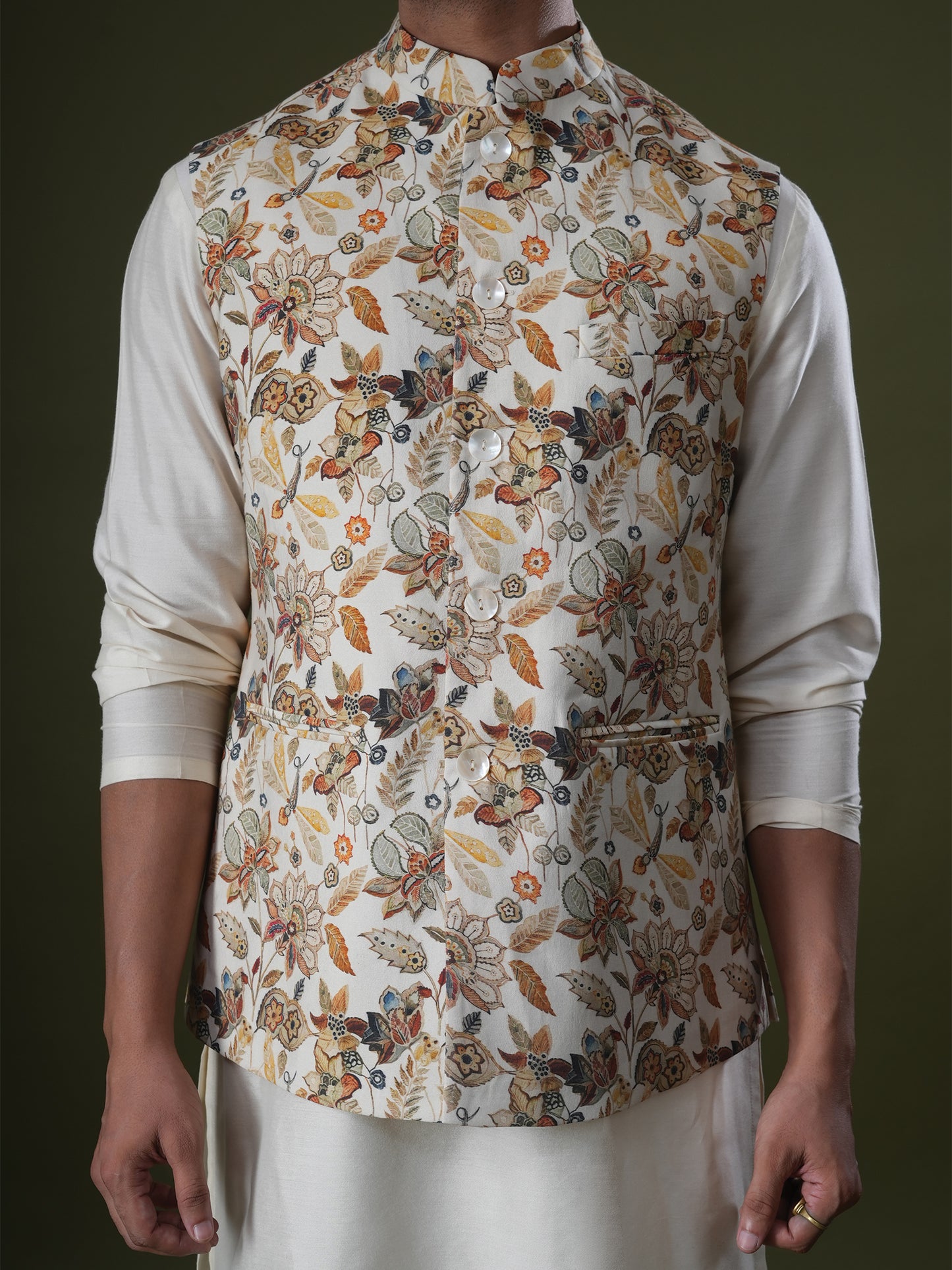 Tirtha Beige Printed Chanderi Bundi