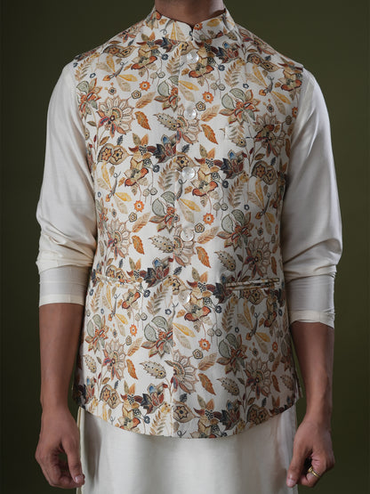 Tirtha Beige Printed Chanderi Bundi