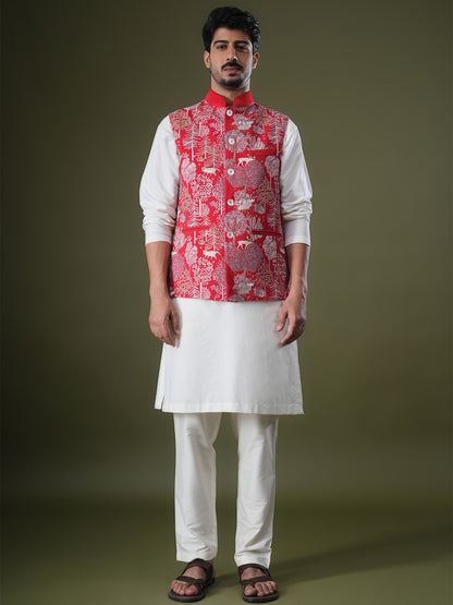 Chitran Red Embroidered Katan Bundi Set