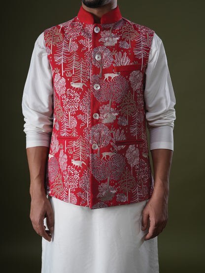 Chitran Red Embroidered Katan Bundi Set