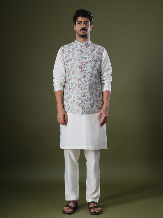 Gauransh Powder Blue Printed Chanderi Bundi Set