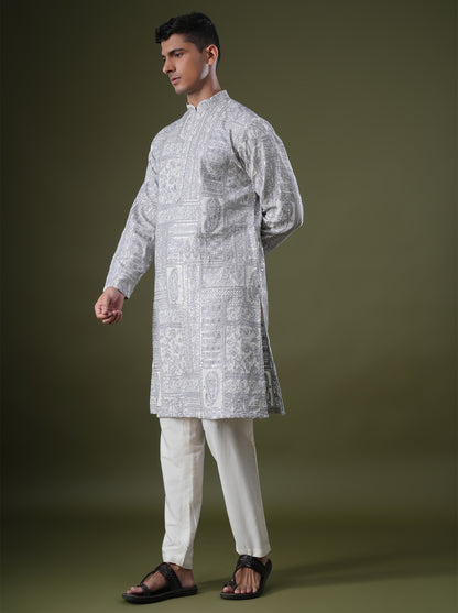 Ishir Ivory Embroidered Katan Kurta
