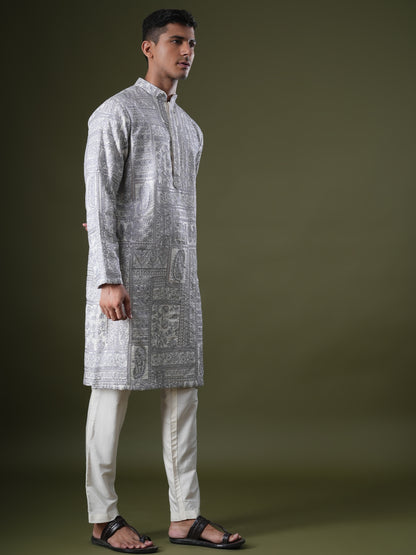 Ishir Ivory Embroidered Katan Kurta