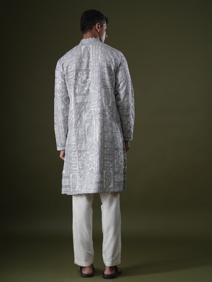Ishir Ivory Embroidered Katan Kurta