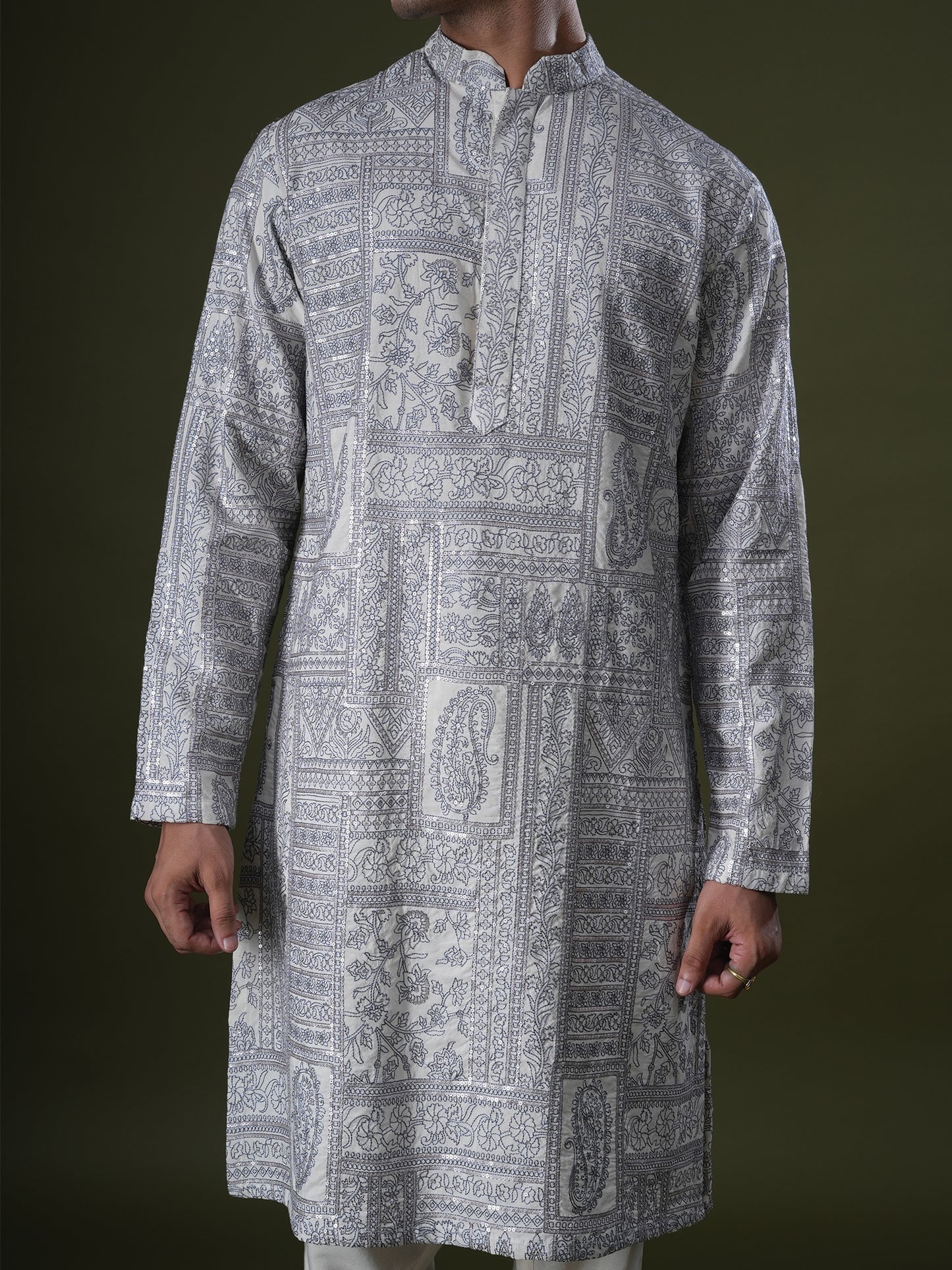 Ishir Ivory Embroidered Katan Kurta