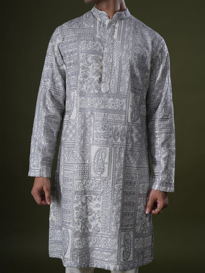 Ishir Ivory Embroidered Katan Kurta