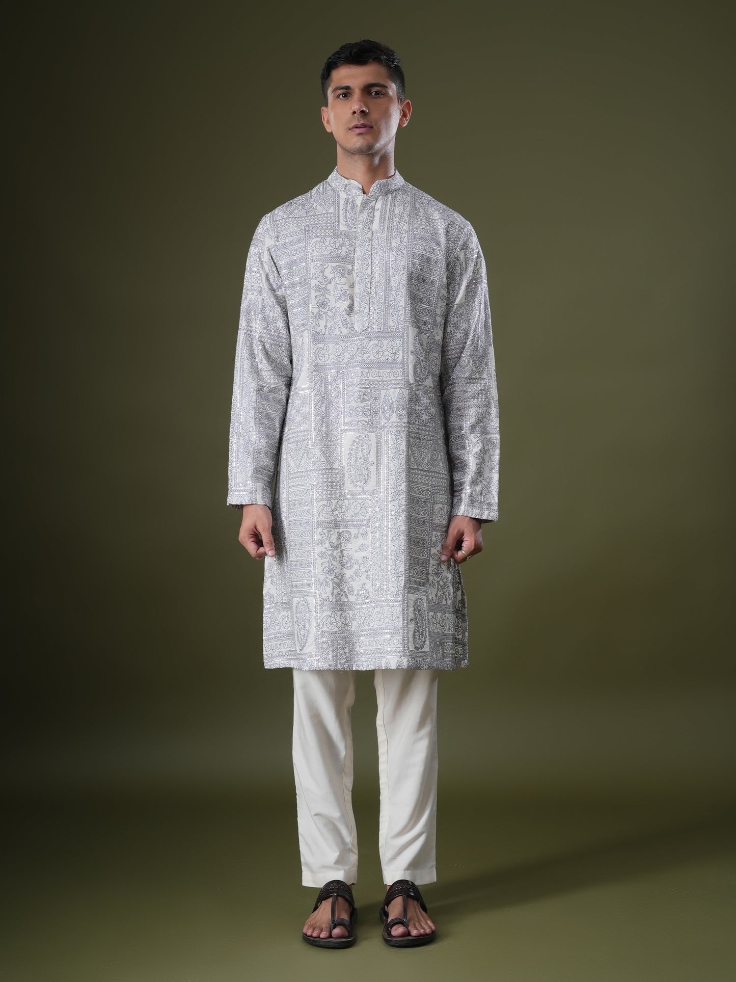 Ishir Ivory Embroidered Katan Kurta