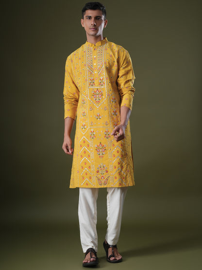 Aarvin Yellow Embroidered Katan Kurta Set