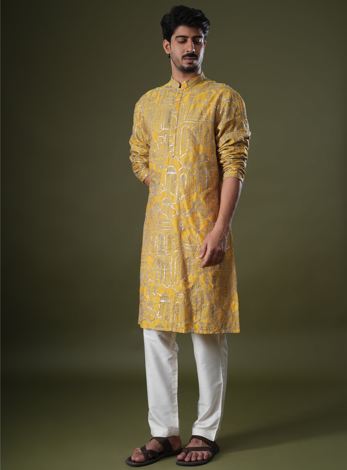 Yazal Yellow Embroidered Katan Kurta Set