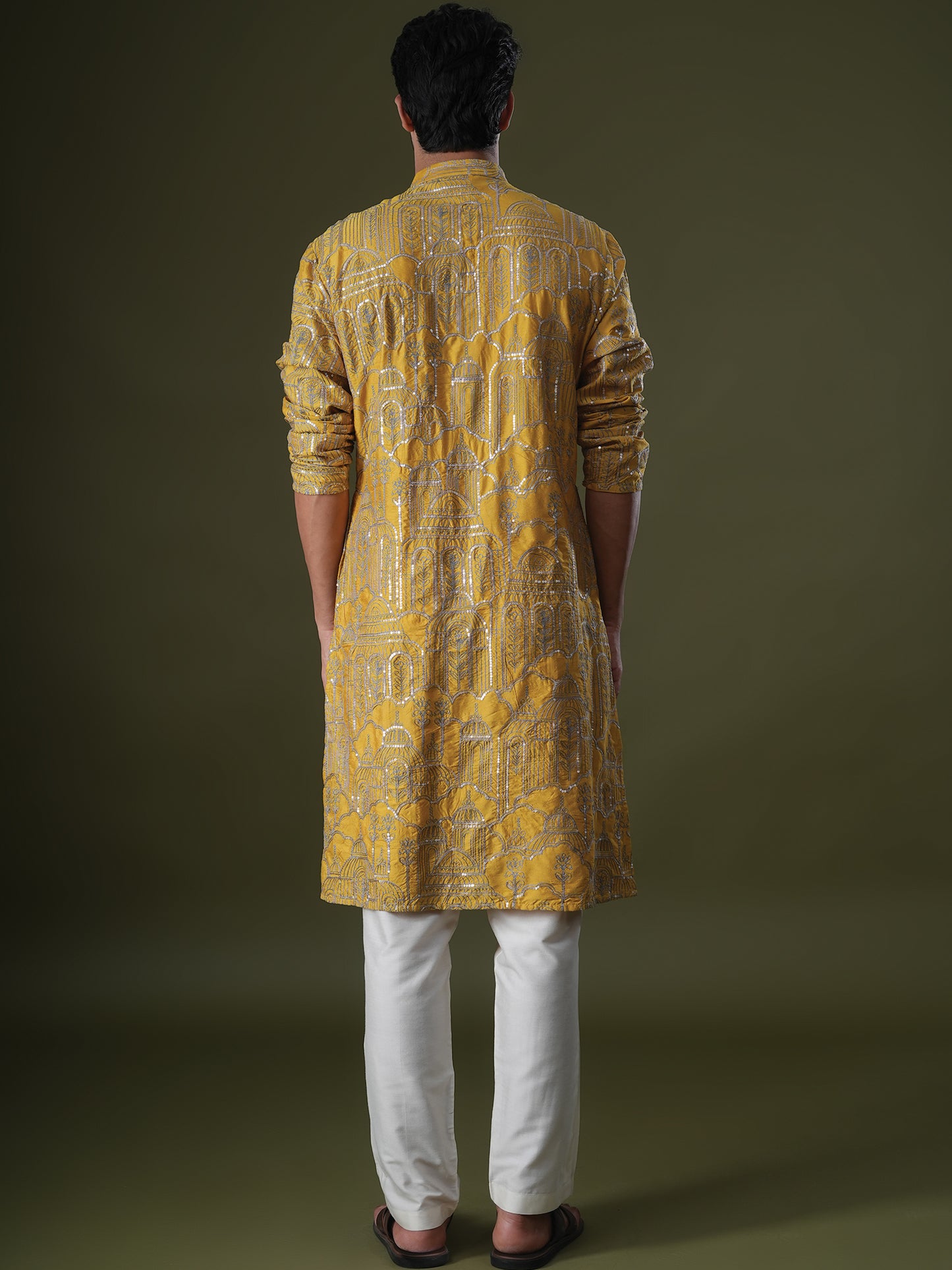 Yazal Yellow Embroidered Katan Kurta Set