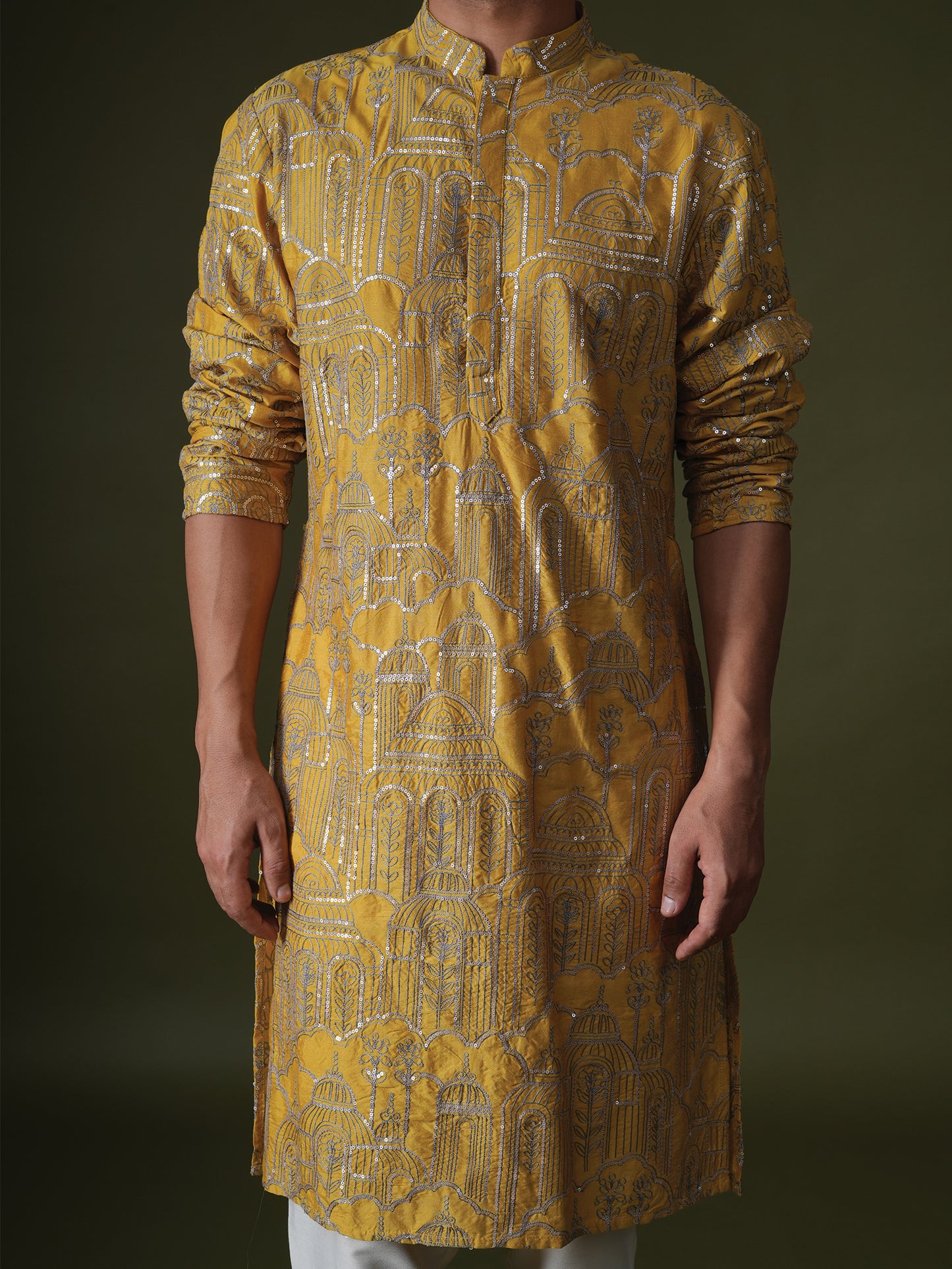 Yazal Yellow Embroidered Katan Kurta Set