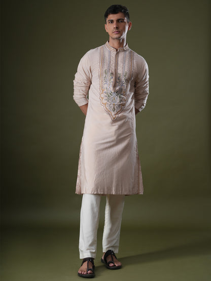 Aarnik Peach  Embroidered Katan Kurta