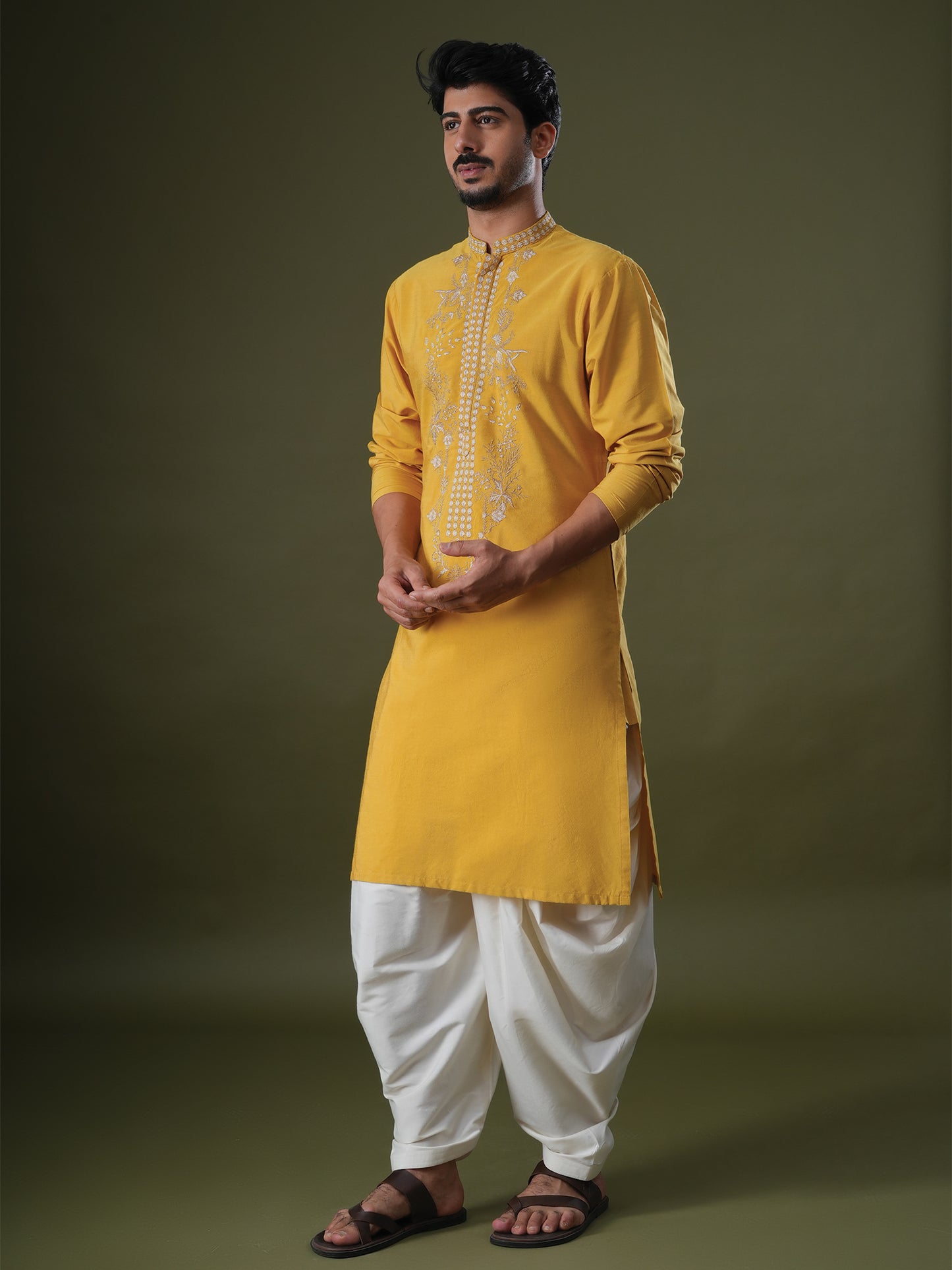 Anshul Yellow Embroidered Katan Kurta Set