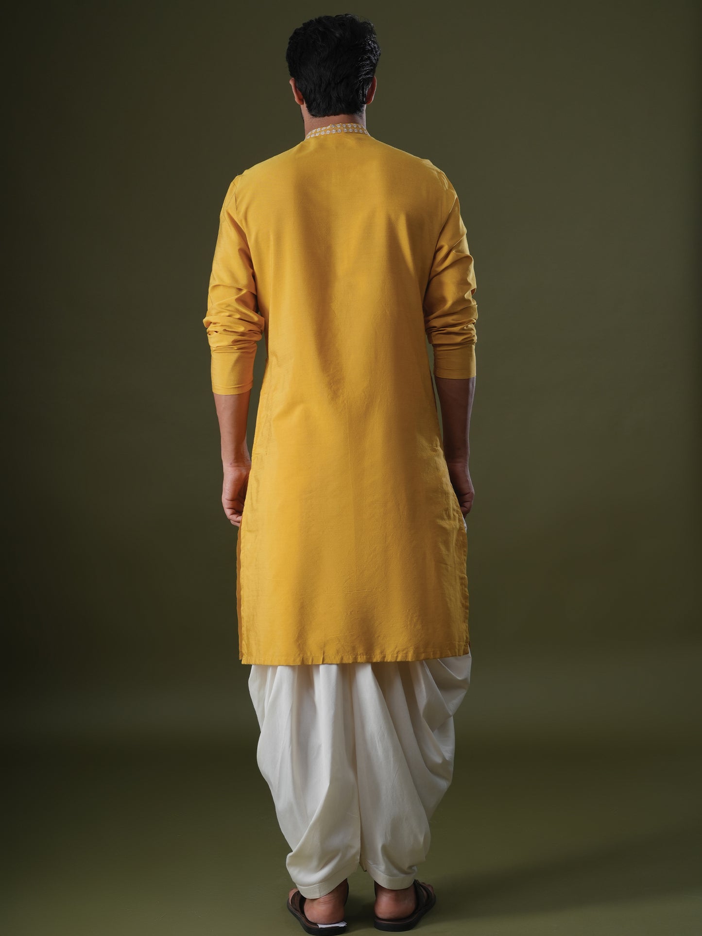 Anshul Yellow Embroidered Katan Kurta Set