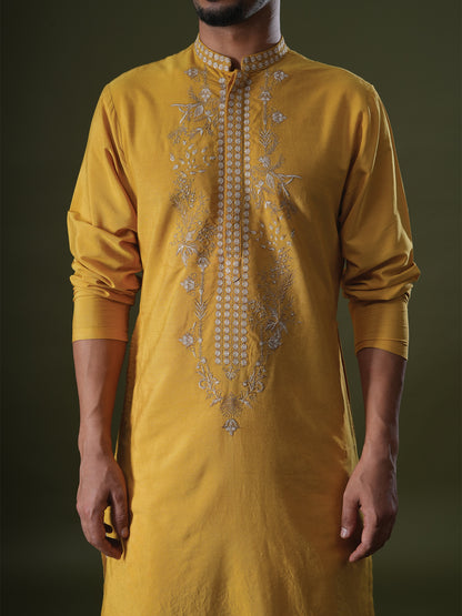 Anshul Yellow Embroidered Katan Kurta Set