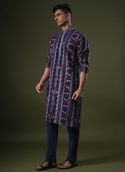 Rishan Blue Embroidered Katan Kurta