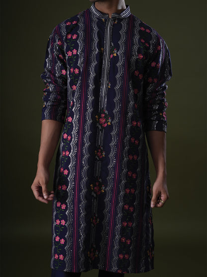 Rishan Blue Embroidered Katan Kurta