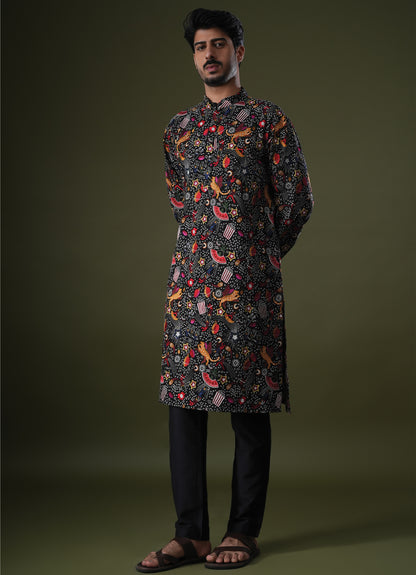 Zihab Black Embroidered Katan Kurta Set
