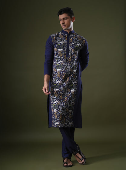 Laksh Blue Embroidered Katan Kurta