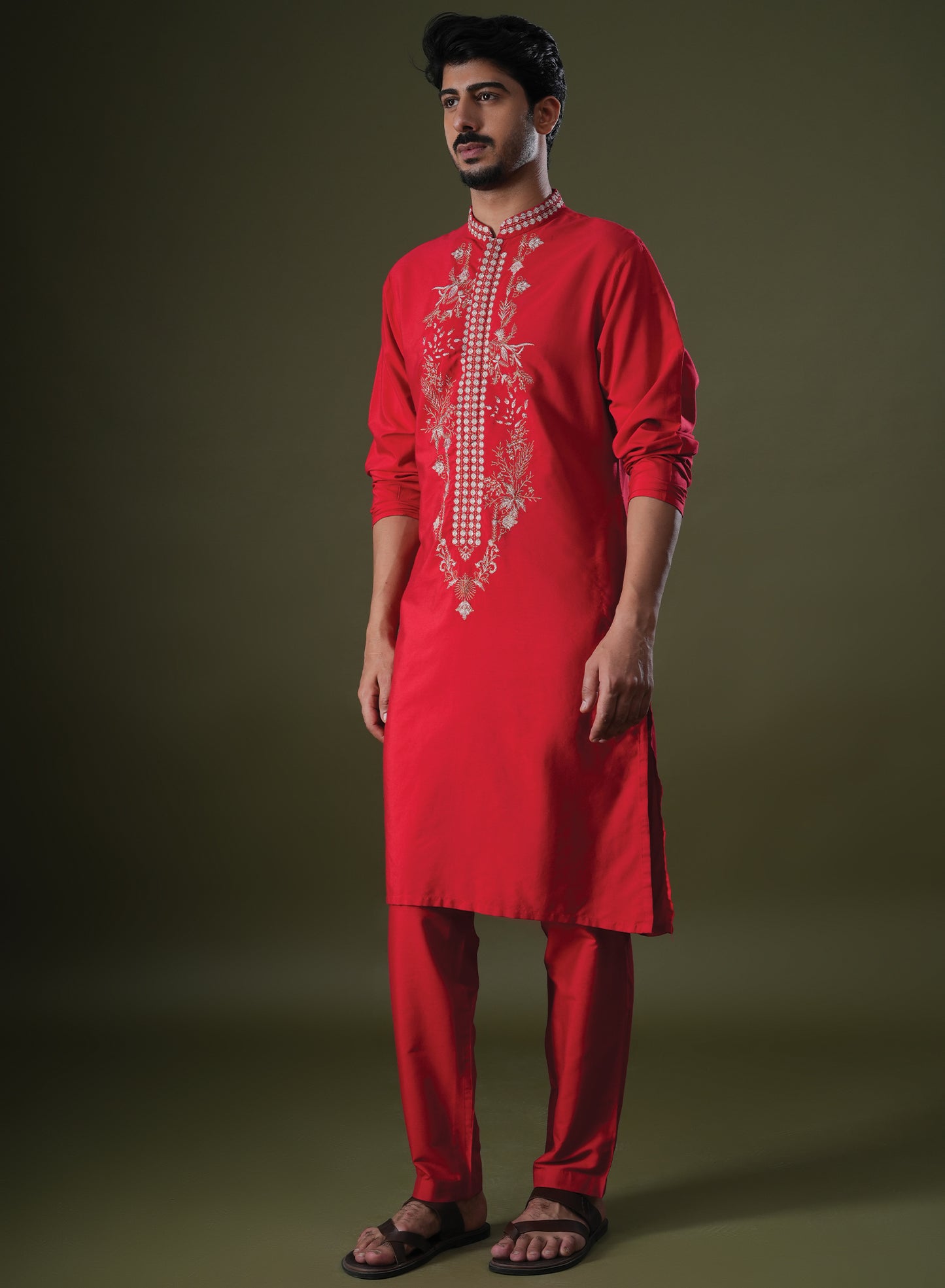 Anshul Red Embroidered Katan Kurta Set