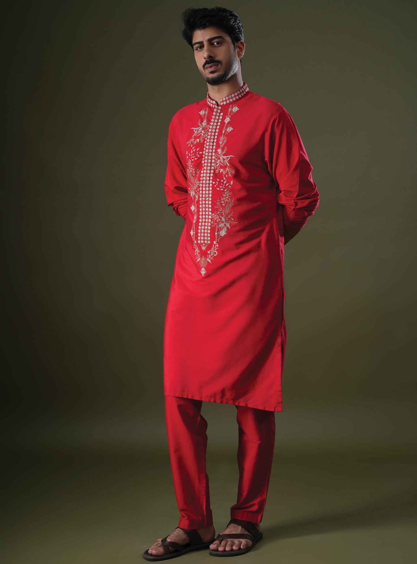 Anshul Red Embroidered Katan Kurta Set
