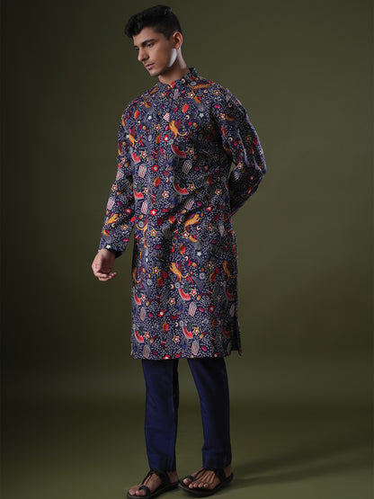 Zihab Blue Embroidered Katan Kurta