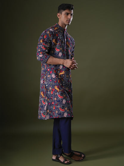 Zihab Blue Embroidered Katan Kurta