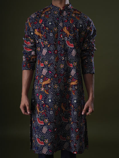 Zihab Blue Embroidered Katan Kurta