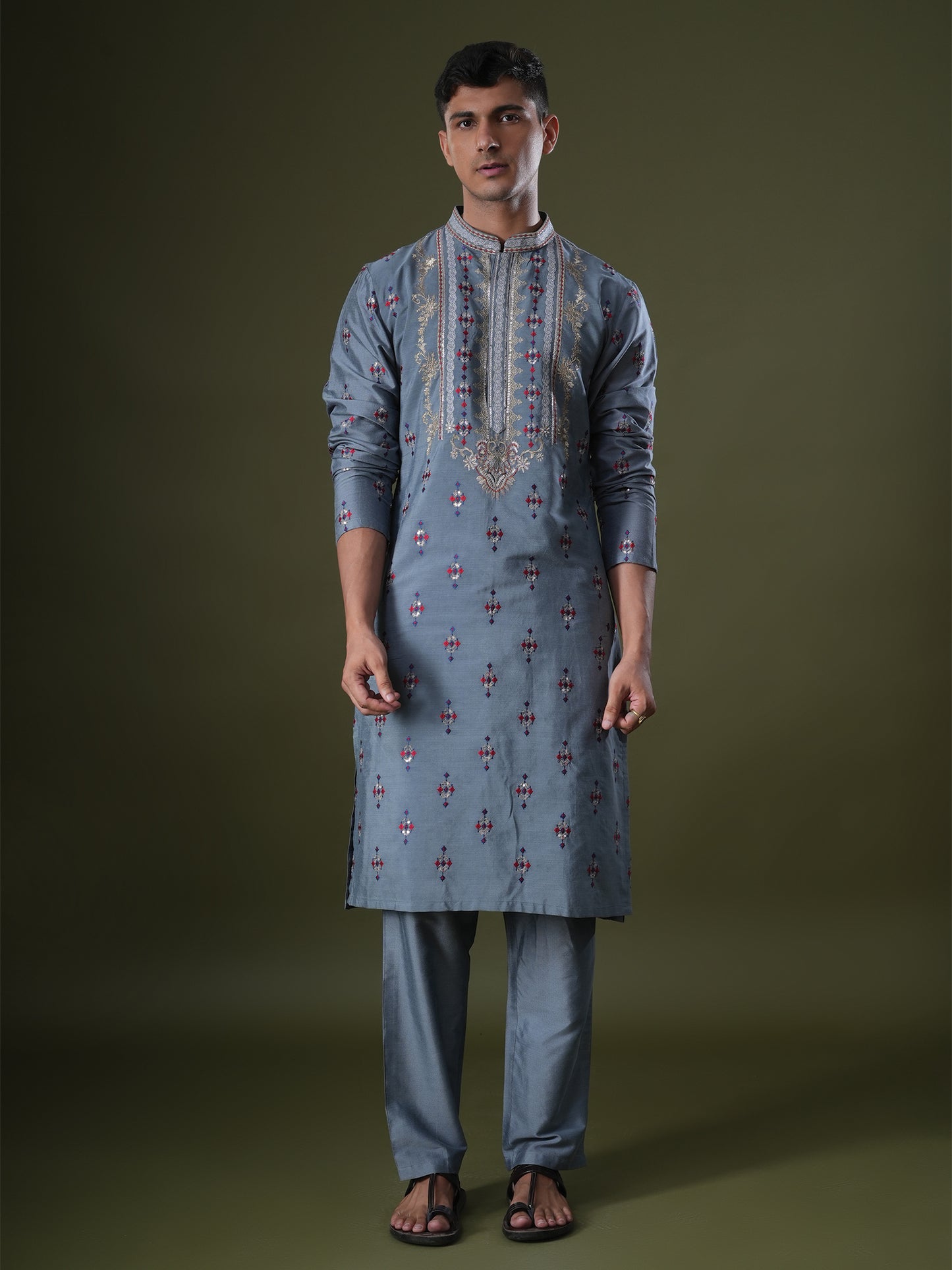 Tanvith Blue Embroidered Katan Kurta
