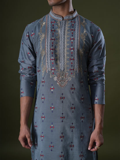 Tanvith Blue Embroidered Katan Kurta