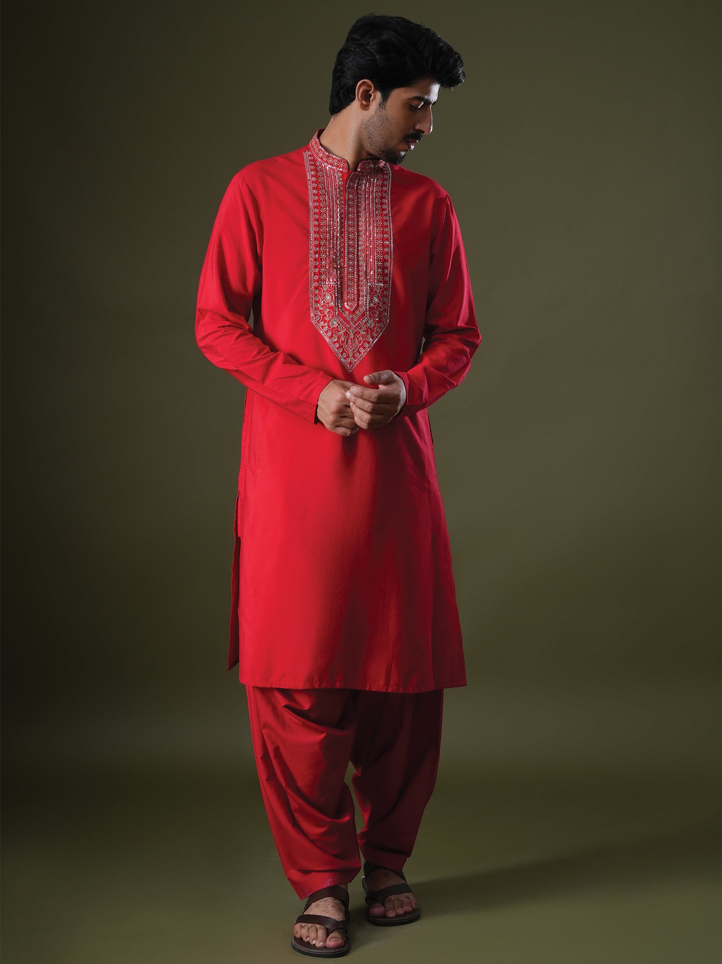 Shreen Red  Embroidered Katan Kurta Set