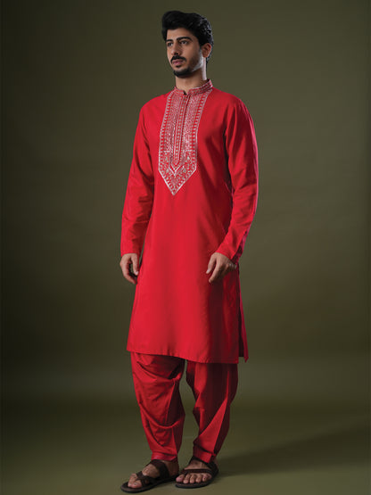 Shreen Red  Embroidered Katan Kurta Set