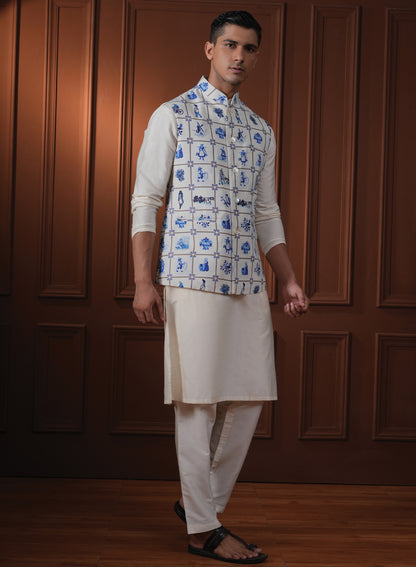 Laxit White Printed Cotton Bundi