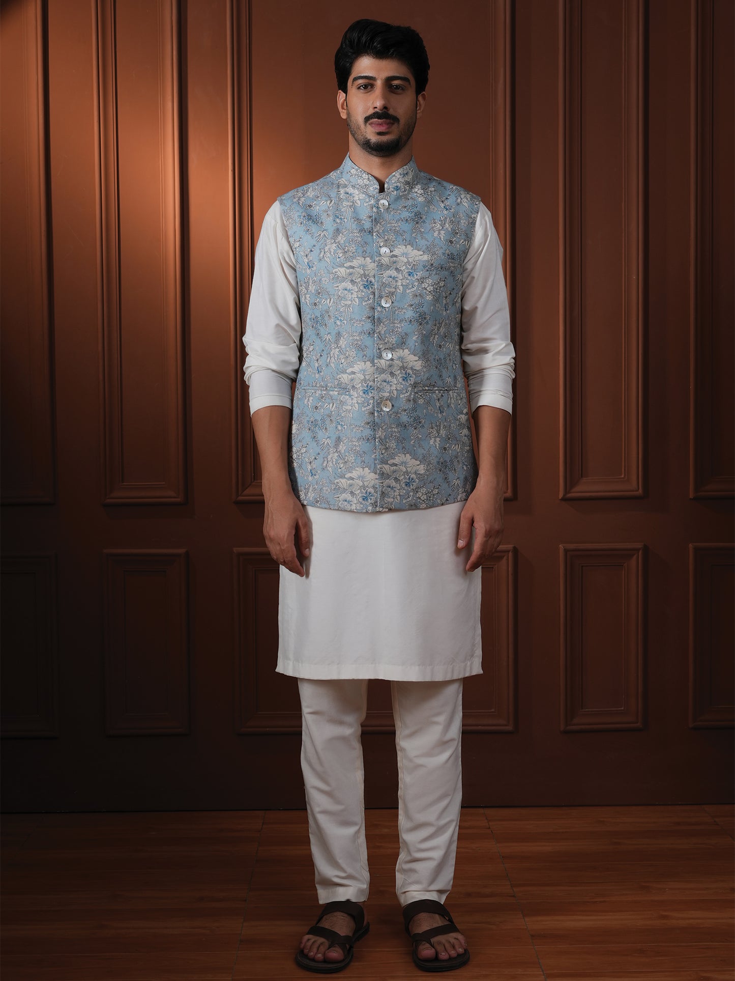 Shyamal Powder Blue Printed Cotton Bundi Set