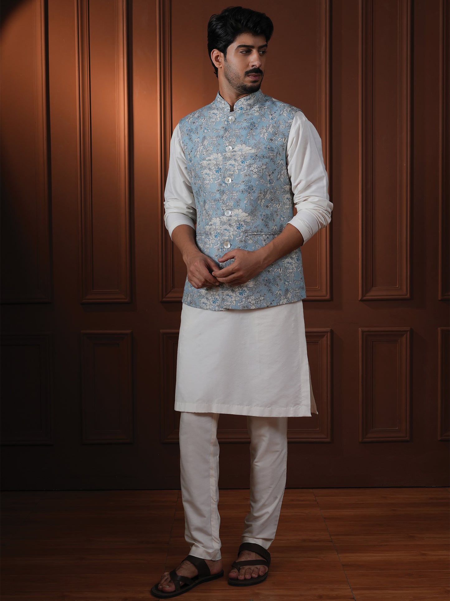 Shyamal Powder Blue Printed Cotton Bundi Set