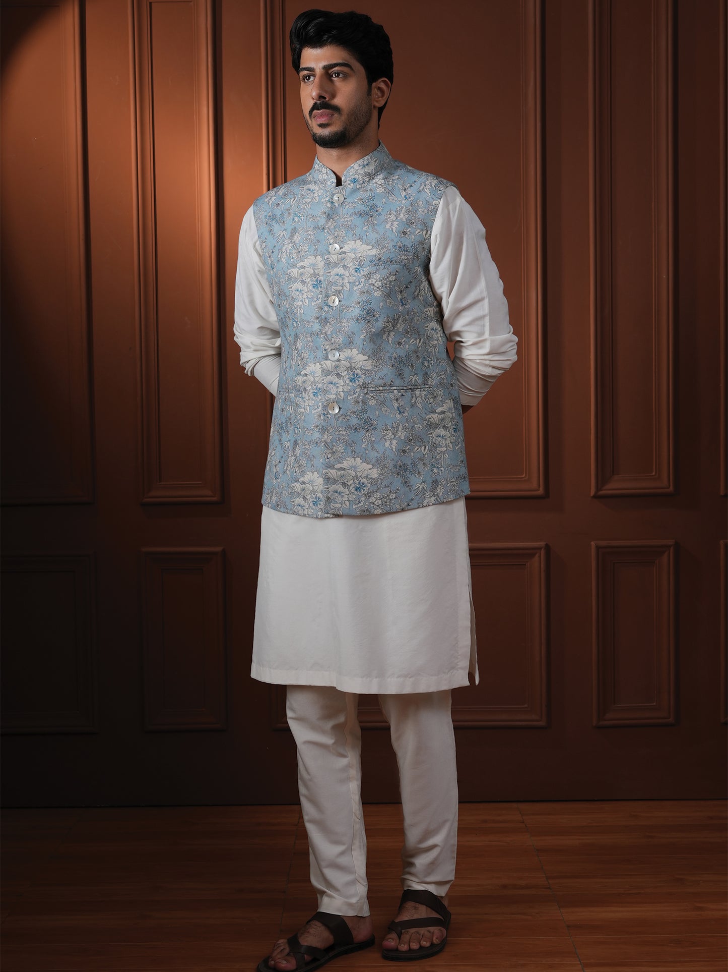 Shyamal Powder Blue Printed Cotton Bundi Set