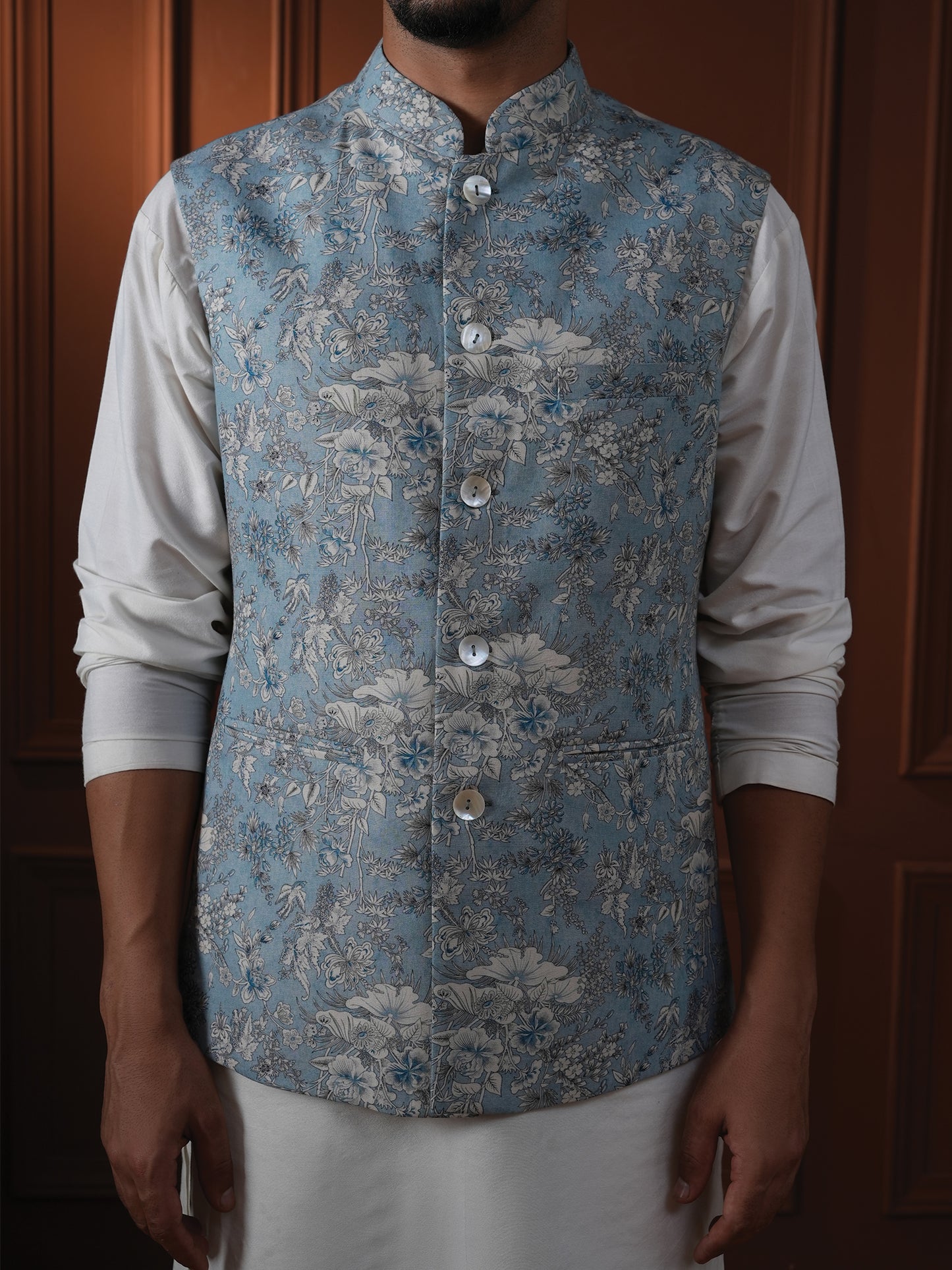 Shyamal Powder Blue Printed Cotton Bundi Set