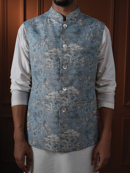 Shyamal Powder Blue Printed Cotton Bundi Set