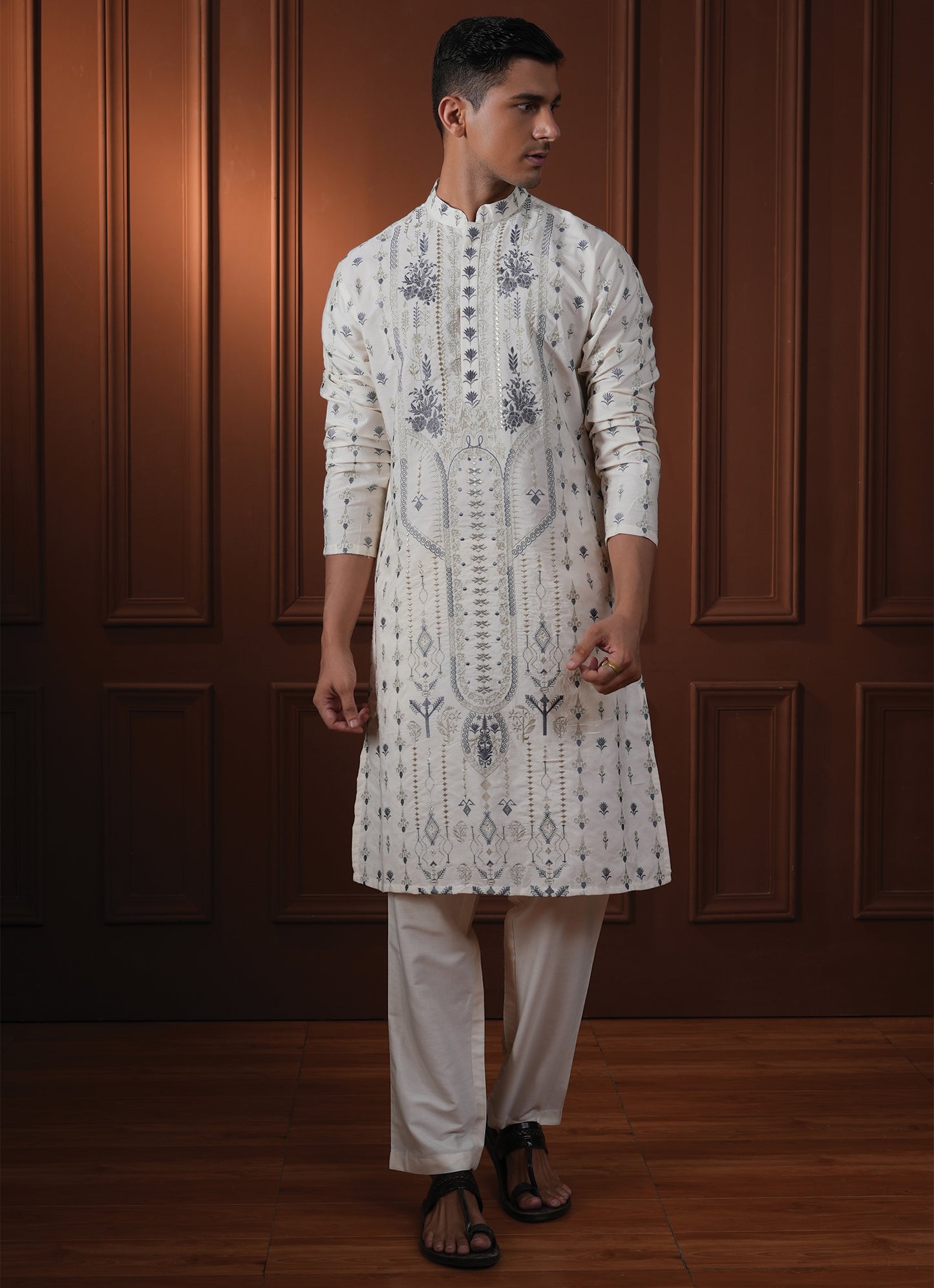 Tohsin Ivory Embroidered Katan Kurta