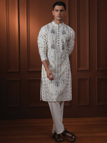 Tohsin Ivory Embroidered Katan Kurta
