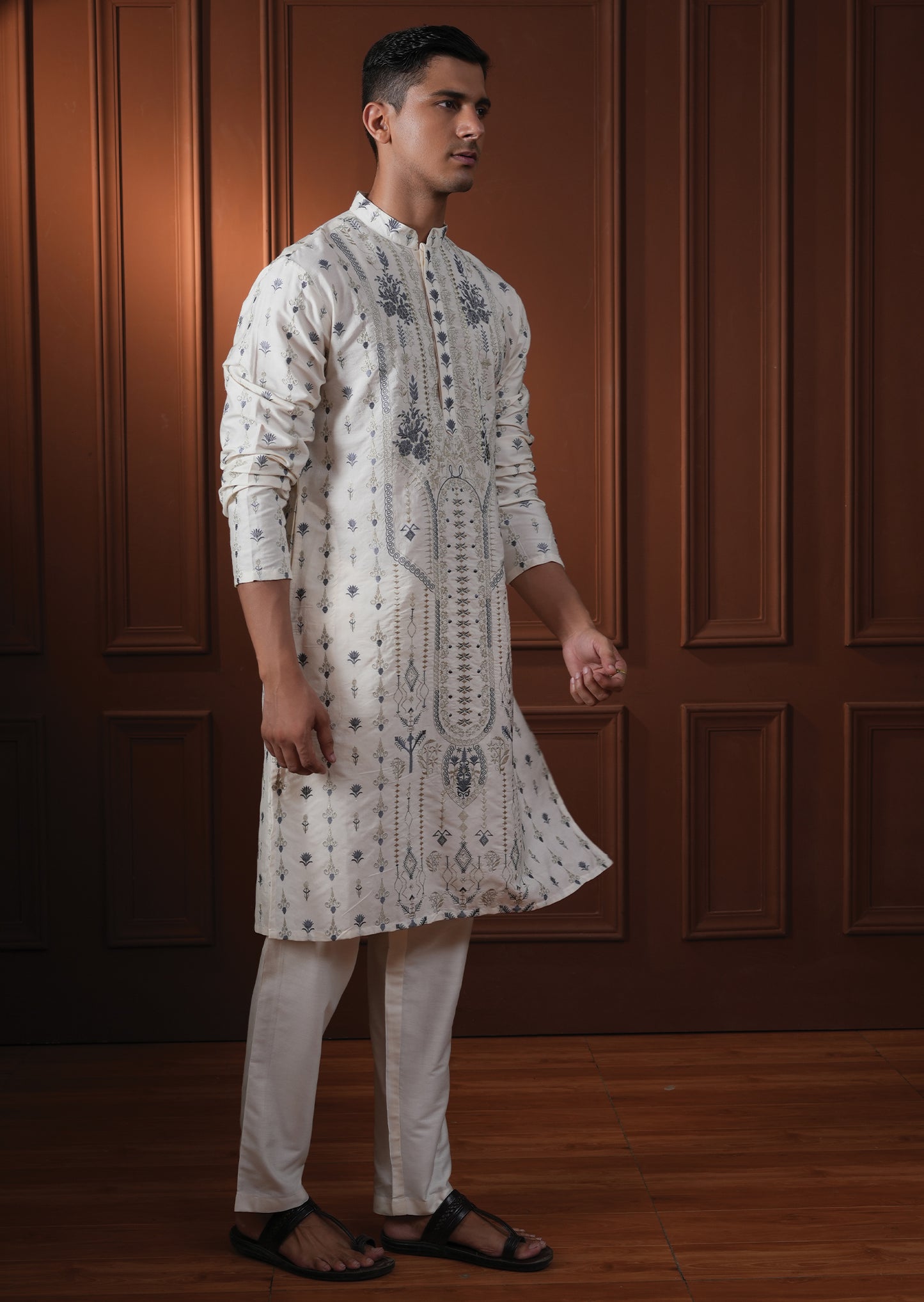Tohsin Ivory Embroidered Katan Kurta
