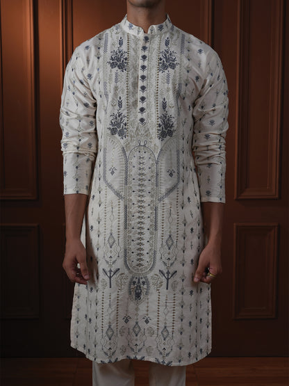 Tohsin Ivory Embroidered Katan Kurta