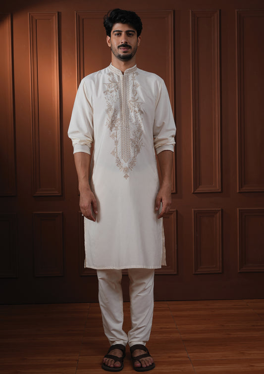Anshul Ivory Embroidered Katan Kurta