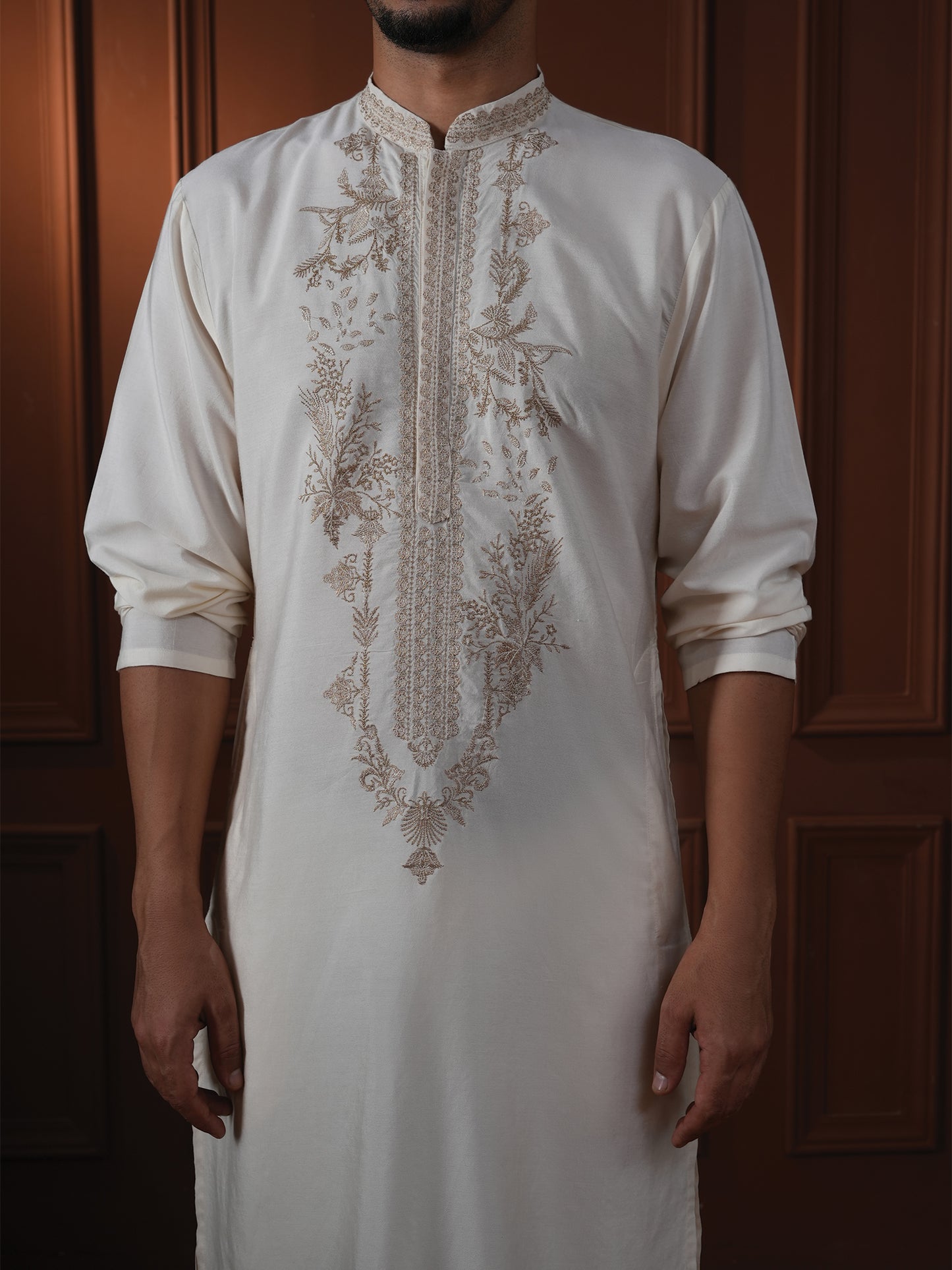 Anshul Ivory Embroidered Katan Kurta