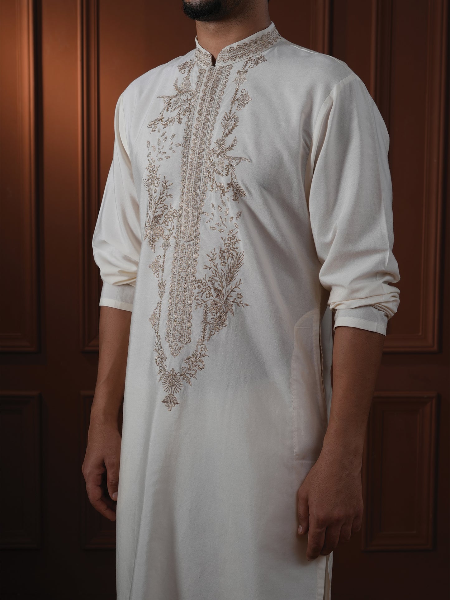 Anshul Ivory Embroidered Katan Kurta