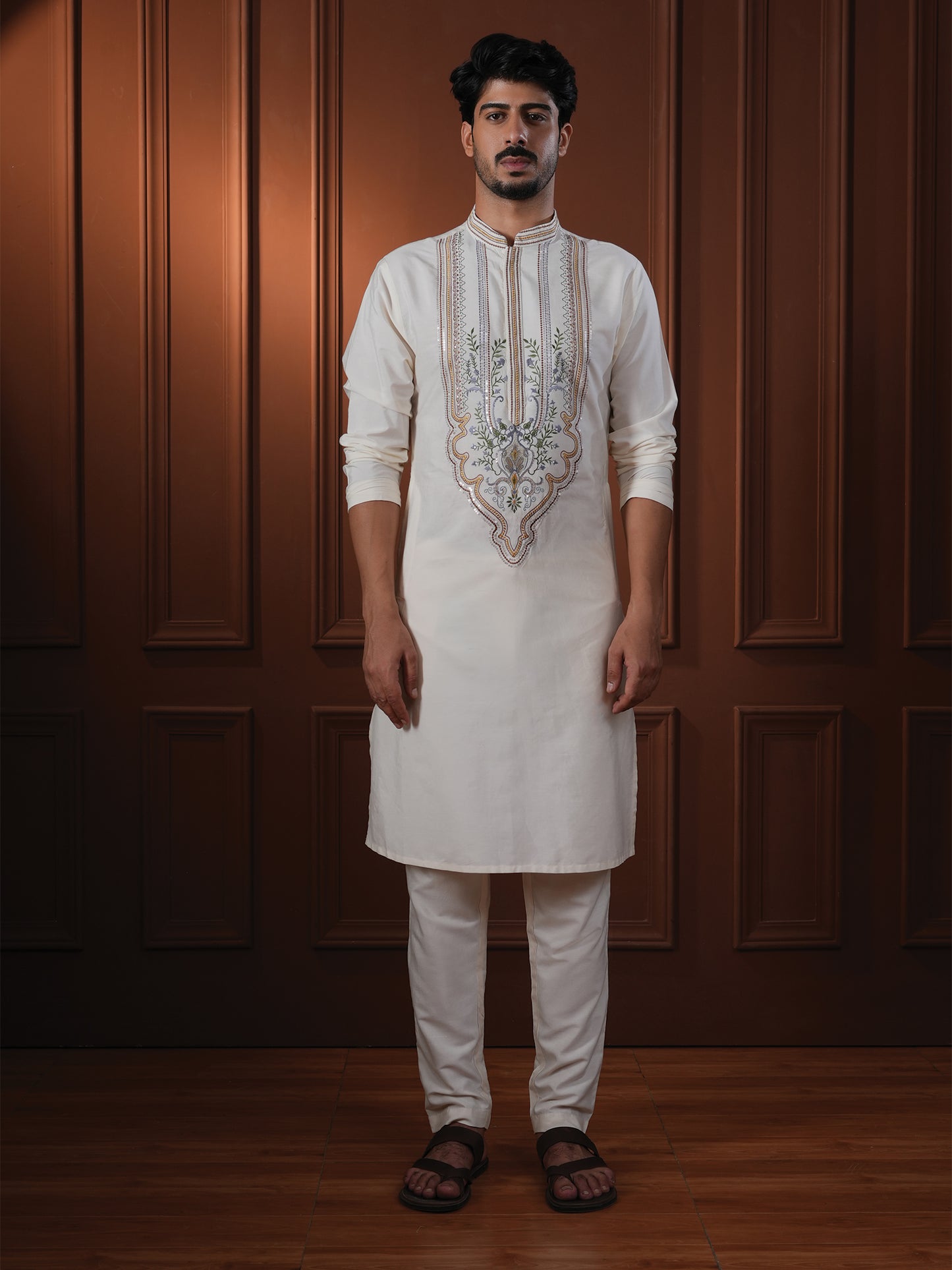 Aarnik Ivory Embroidered Katan Kurta
