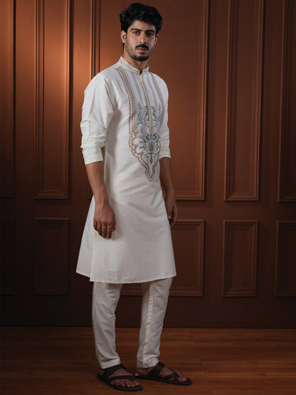 Aarnik Ivory Embroidered Katan Kurta